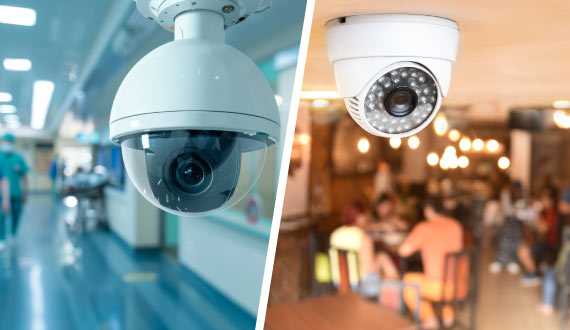 Collage of security device in healthcare facility and restaurant