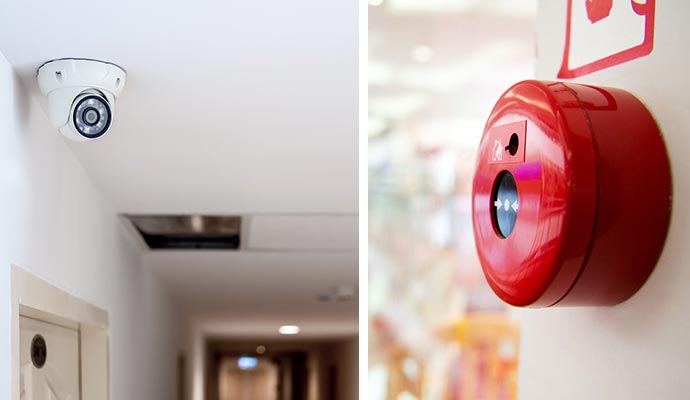 Collage of security camera and fire alarms