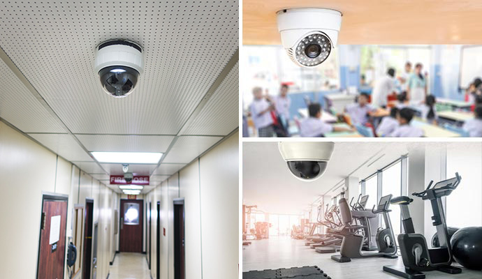Collage of security cameras installed in different commercial areas