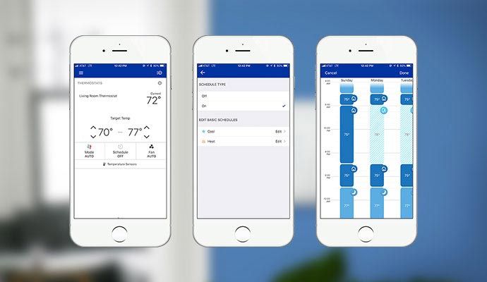 Three smartphones displaying smart thermostat app screens for temperature control and scheduling