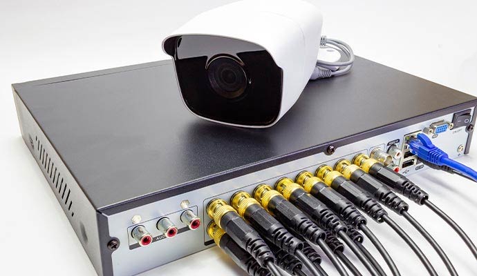 The back panel of a network video recorder with multiple cables connected and a security camera resting on top