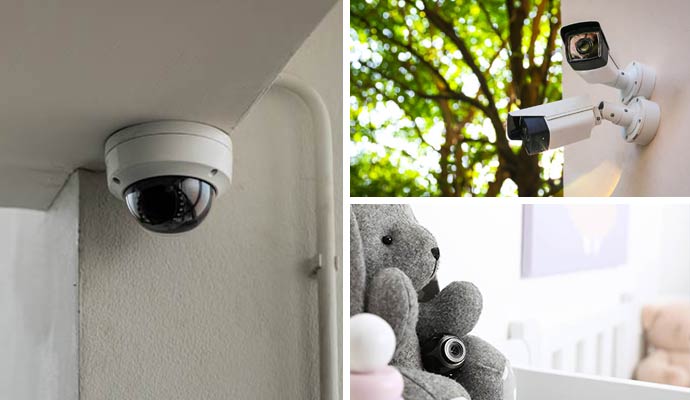 A collage featuring different types of security cameras including a ceiling-mounted dome camera, outdoor bullet cameras, and a hidden nanny camera