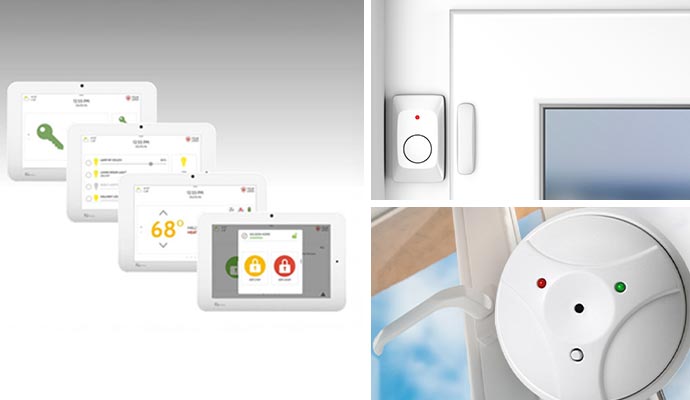 Collage of smart home security control interface and sensors